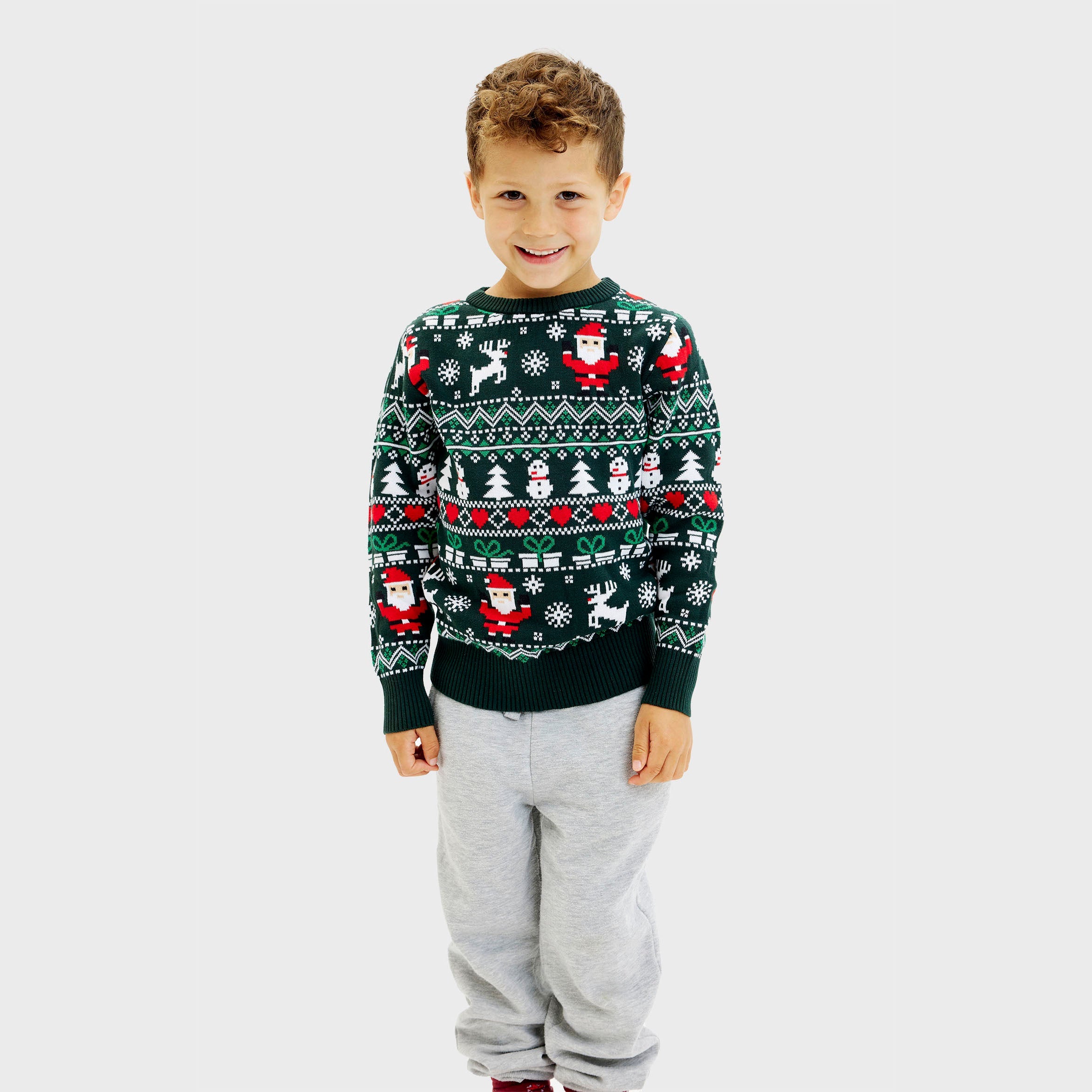 Grüner weihnachtspullover mit Rentier- und Weihnachtsmannmotiven, kinderweihnachtspullover für Jungen.